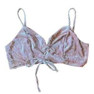 Romwe Fairy Y2K Pink Crushed Velvet Lace Up Crop Top | L